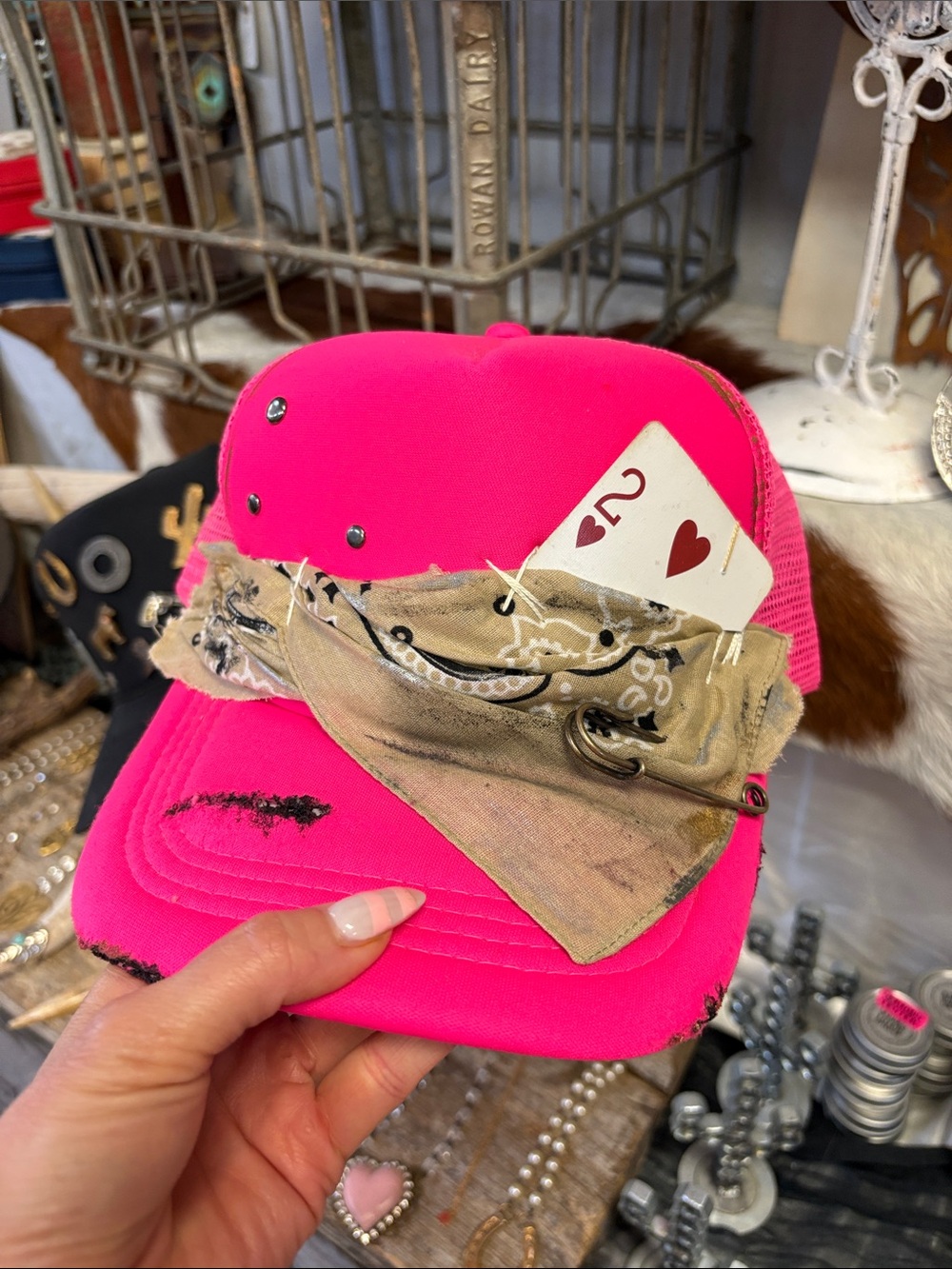 Vintage-Inspired Hot Pink Distressed Trucker Hat with Bandana & Card